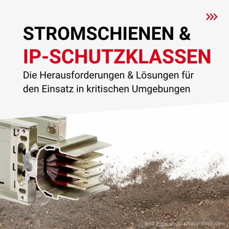 Eine Grafik für einen Glossarartikel. Auf der Grafik steht, dass es im Artikel darum geht, IP Schutzklassen im Zusammenhang mit Stromschienen zu erklären.