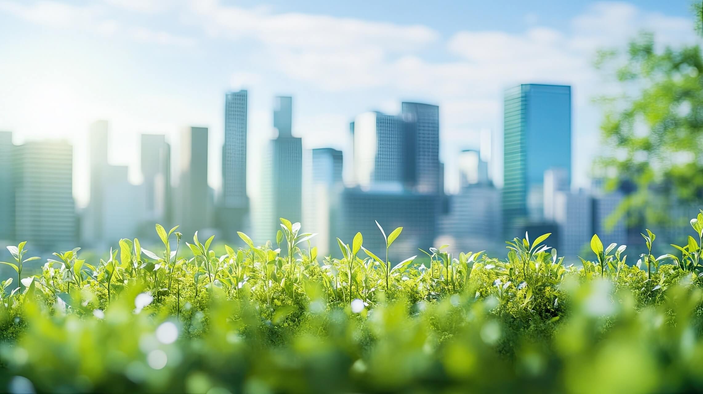 Eine Skyline mit einer grünen Landschaft im Vordergrund als Symbol für Nachhaltigkeit